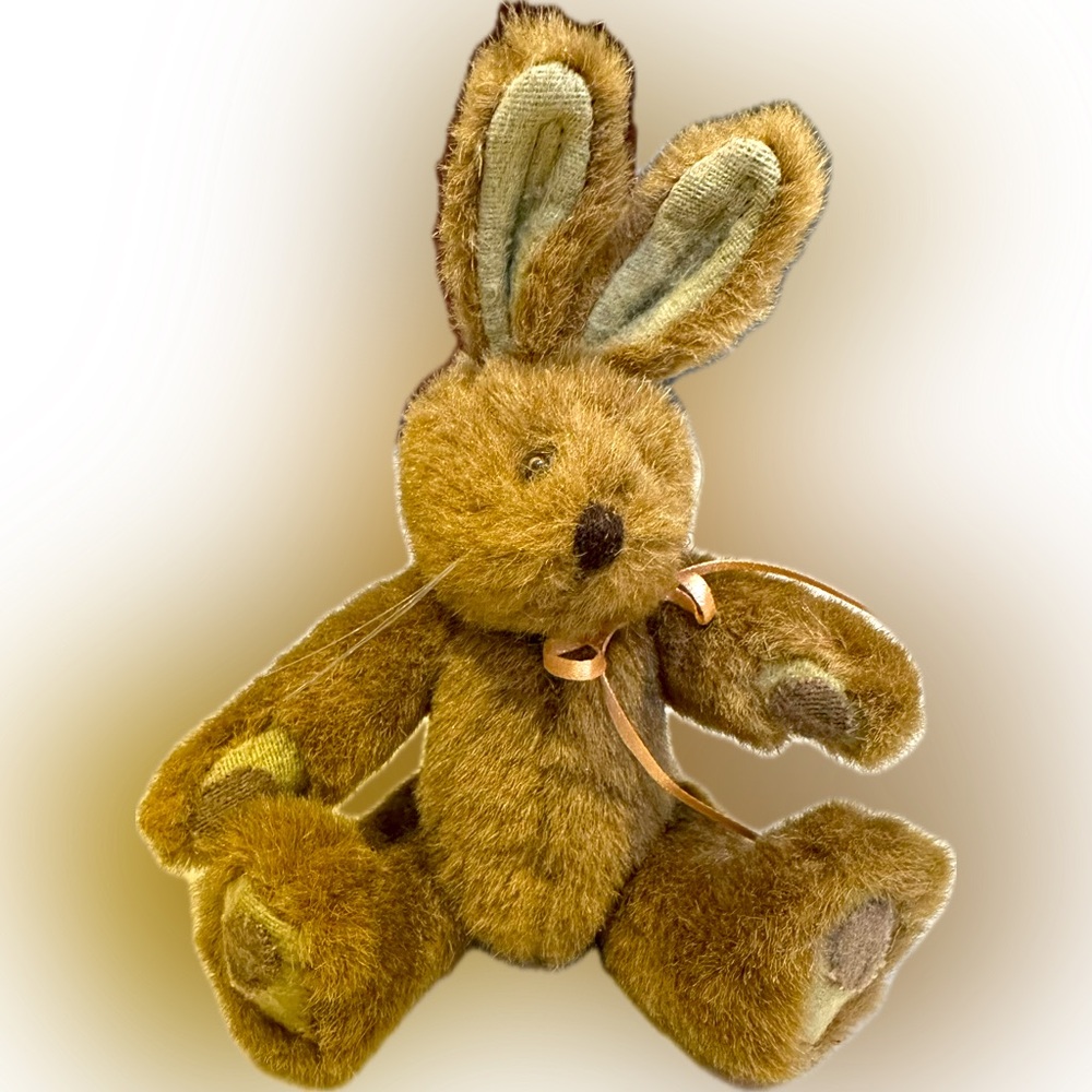 VTG NANU NANA JOINTED BUNNY RABBIT TOY BROWN PEACH RIBBON BOW 6” to 8.5” BUNNY